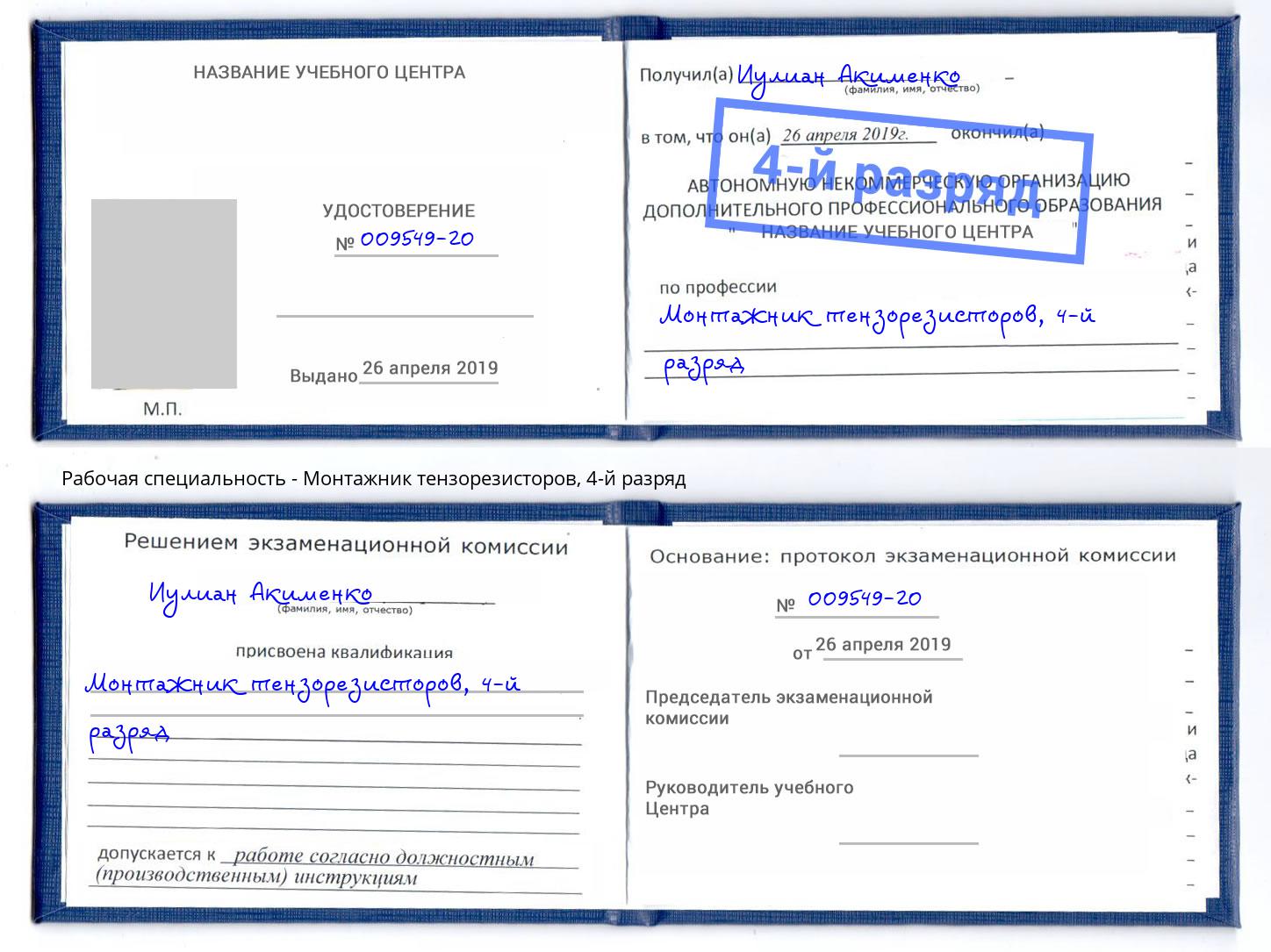 корочка 4-й разряд Монтажник тензорезисторов Отрадный