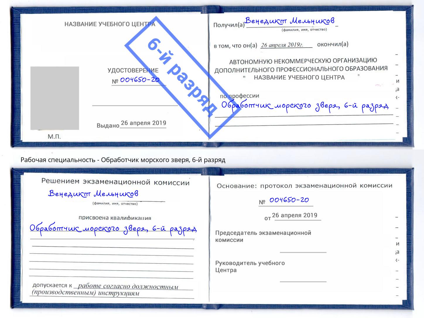 корочка 6-й разряд Обработчик морского зверя Отрадный