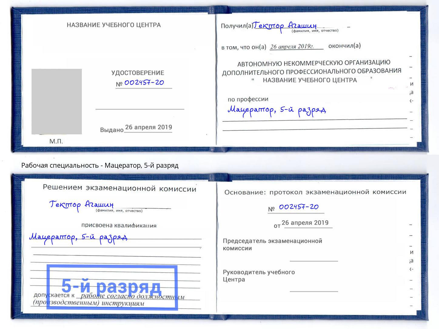 корочка 5-й разряд Мацератор Отрадный