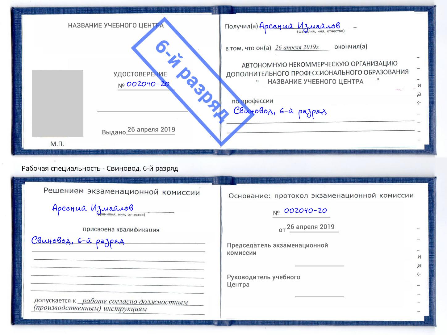 корочка 6-й разряд Свиновод Отрадный
