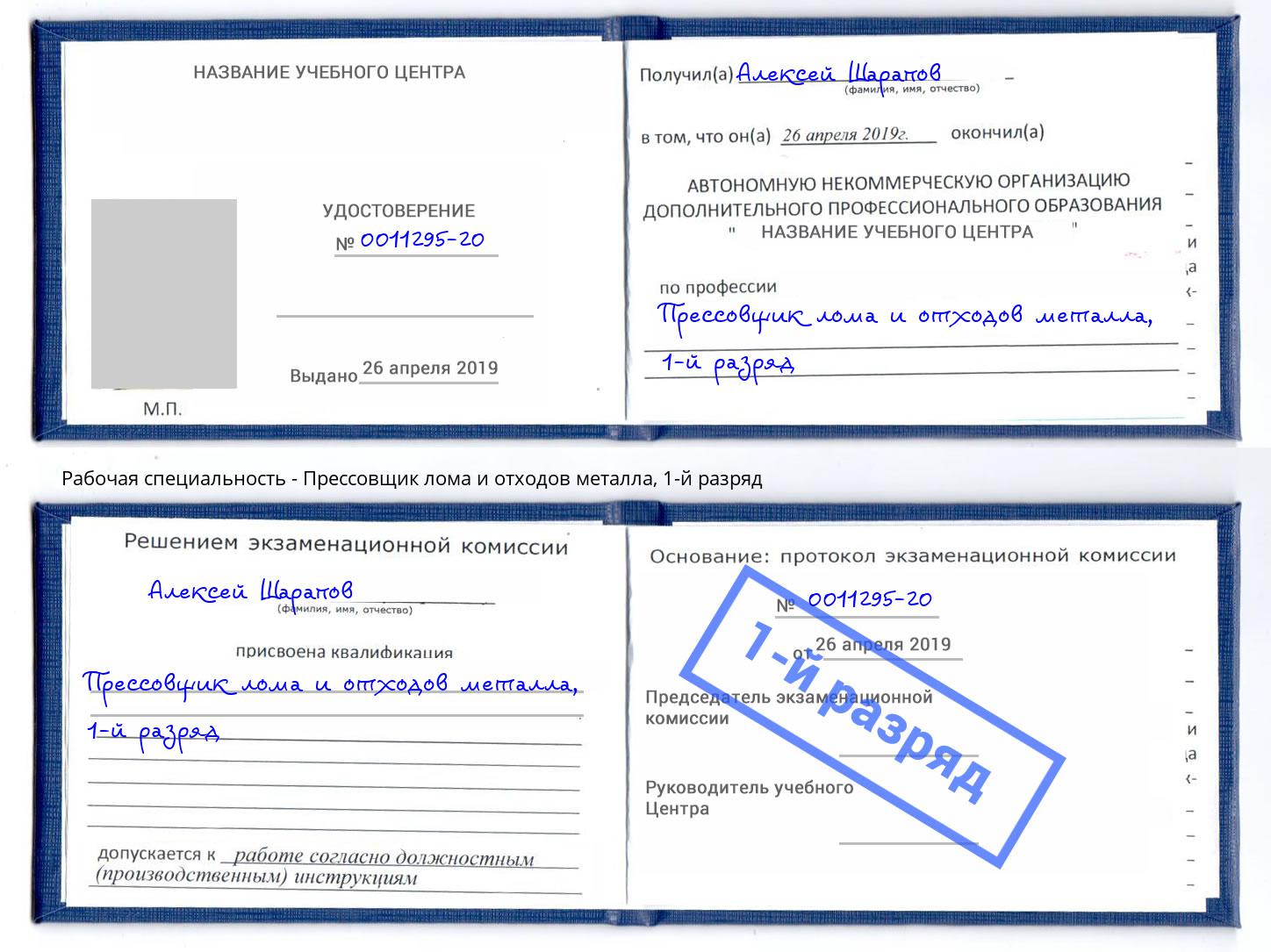 корочка 1-й разряд Прессовщик лома и отходов металла Отрадный