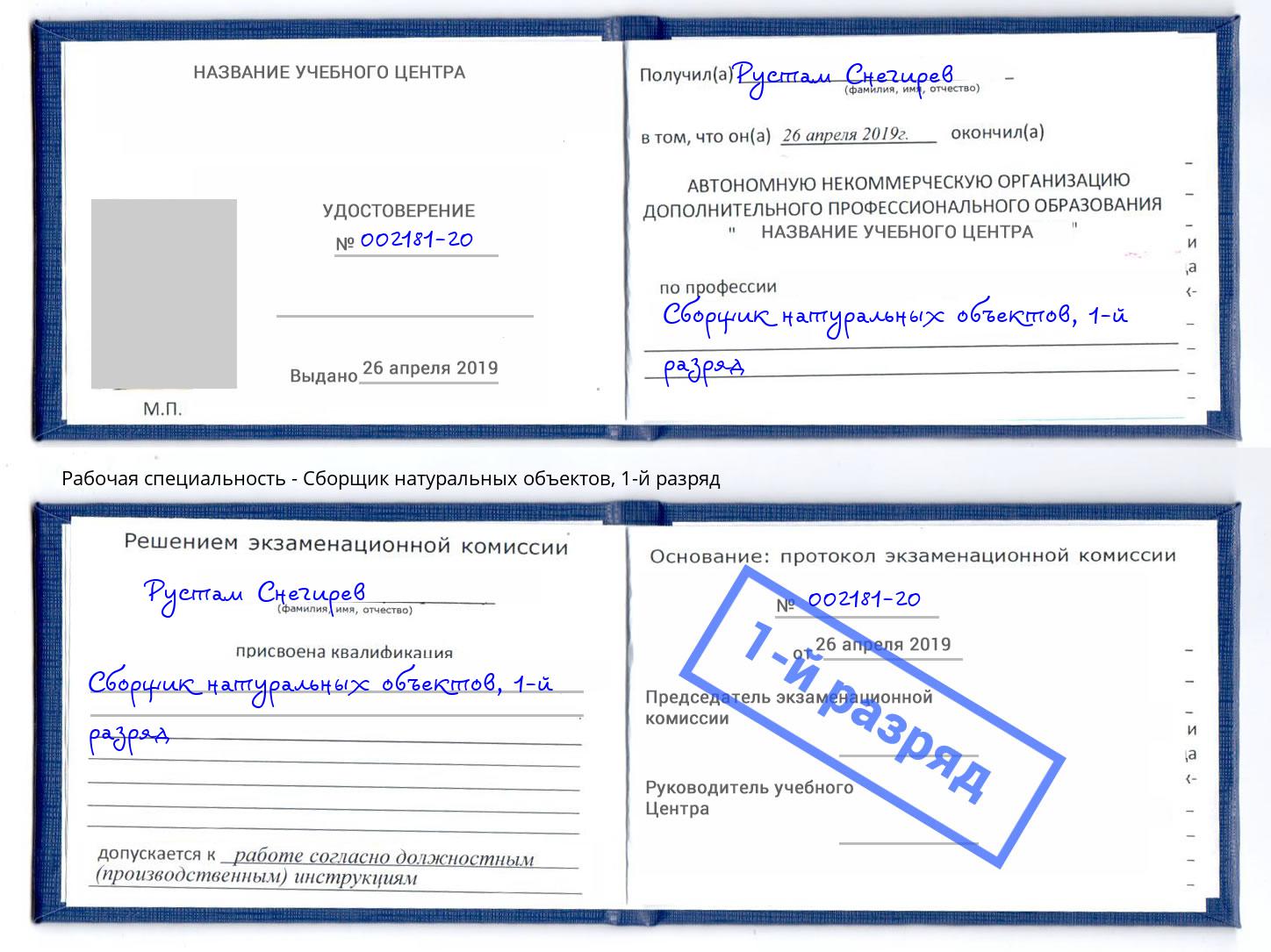 корочка 1-й разряд Сборщик натуральных объектов Отрадный