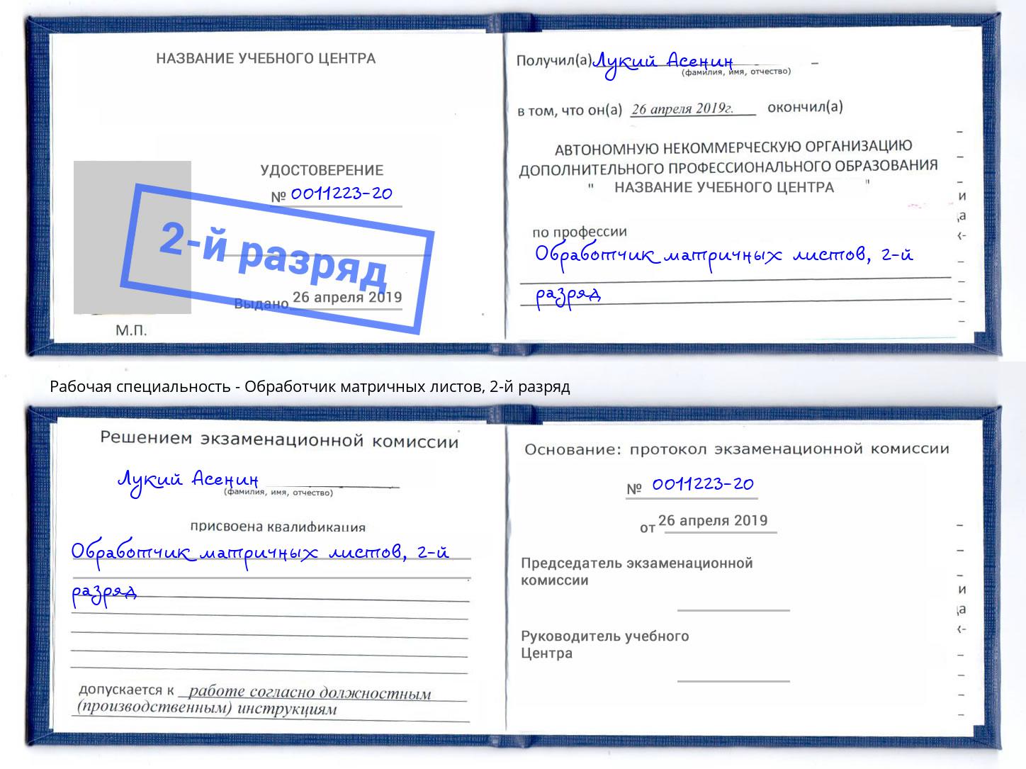 корочка 2-й разряд Обработчик матричных листов Отрадный