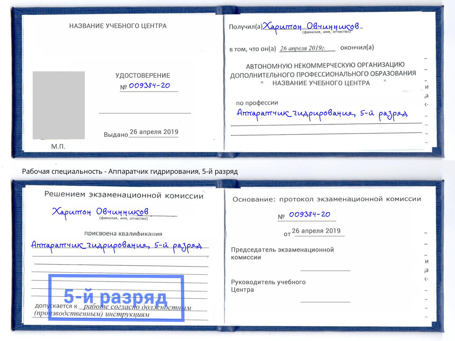 корочка 5-й разряд Аппаратчик гидрирования Отрадный